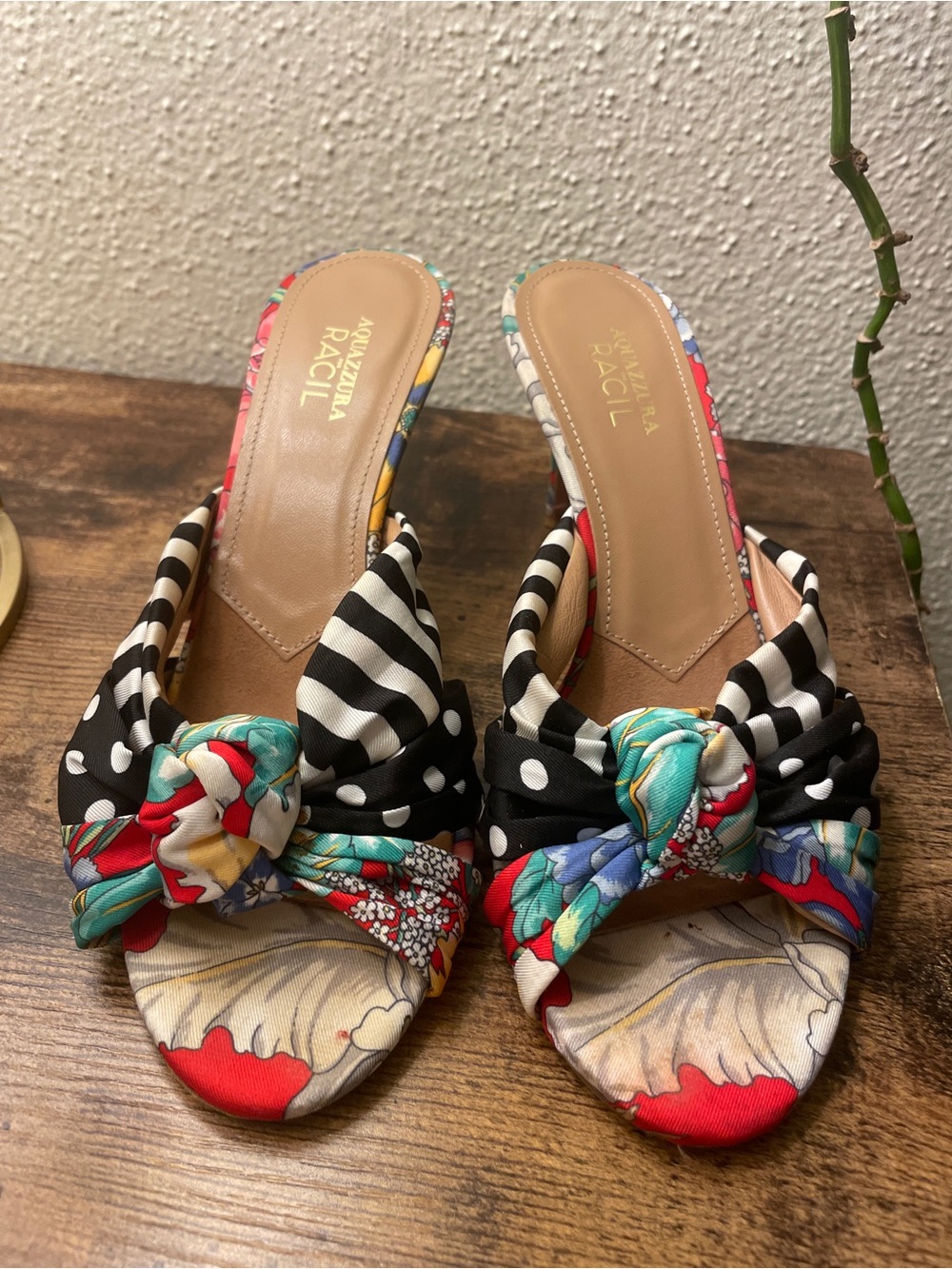 Aquazzura Multicolor Floral & Black-Stripe Knot Slide Sandals